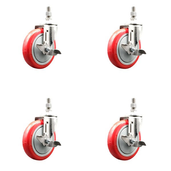 Service Caster 5 Inch 316SS Red Polyurethane Swivel 3/8 Inch Threaded Stem Caster Set Brake SS316TS20S514-PPUB-RED-TLB-381615-4 - main